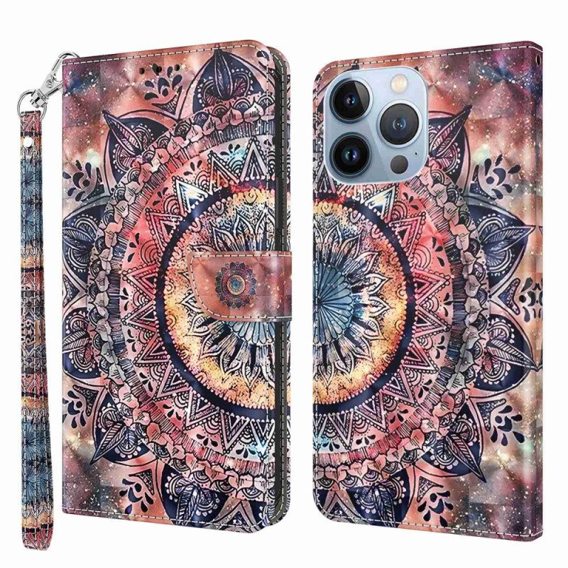 Leren Hoesje voor iPhone 14 Pro Met Ketting Kleurrijke Strappy Mandala