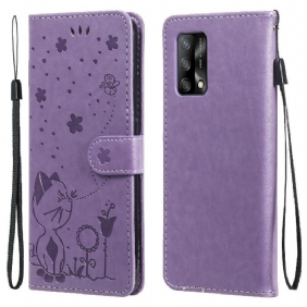 Leren Hoesje voor Oppo A74 4G Met Ketting Kat En Bij Met Lanyard