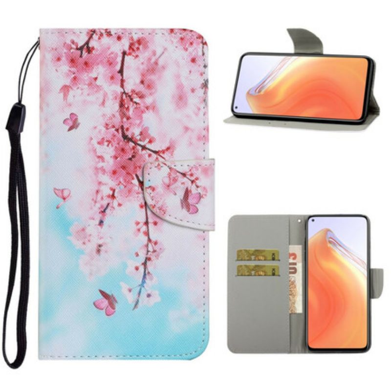 Folio-hoesje voor Xiaomi Mi 10T / 10T Pro Met Ketting Rode Takken Met Riem