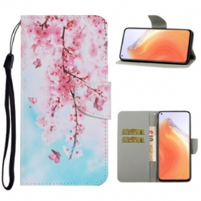 Folio-hoesje voor Xiaomi Mi 10T / 10T Pro Met Ketting Rode Takken Met Riem