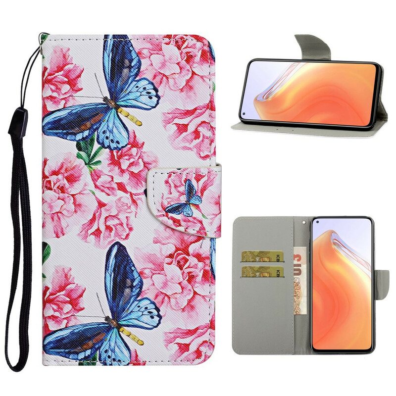 Folio-hoesje voor Xiaomi Mi 10T / 10T Pro Vlinders Floral Lanyard