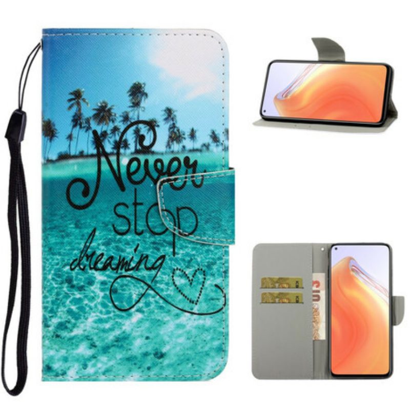 Leren Hoesje voor Xiaomi Mi 10T / 10T Pro Met Ketting Stop Nooit Met Dromen In Marineblauwe Bandjes