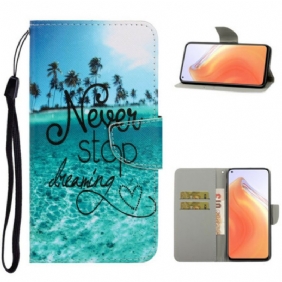 Leren Hoesje voor Xiaomi Mi 10T / 10T Pro Met Ketting Stop Nooit Met Dromen In Marineblauwe Bandjes