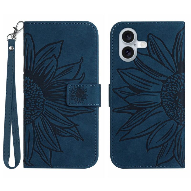 Bescherming Hoesje iPhone 16 Plus Zonnebloemprint Met Riempje