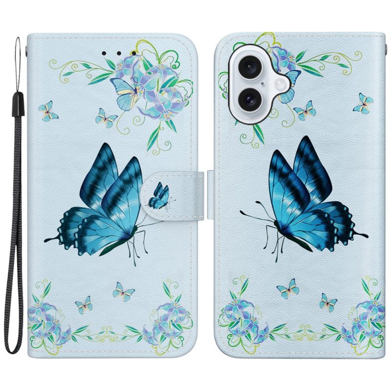 Flip Case Leren iPhone 16 Plus Blauwe Vlinders En Bloemen Met Riempje