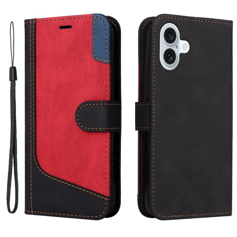 Flip Case Leren iPhone 16 Plus Driekleur Met Riem