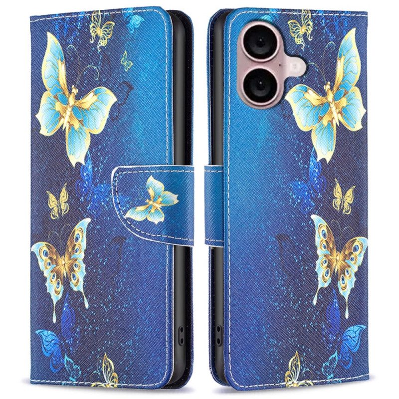 Flip Case Leren iPhone 16 Plus Gouden Vlinders