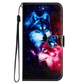 Flip Case Leren iPhone 16 Plus Twee Wolven Met Riemen