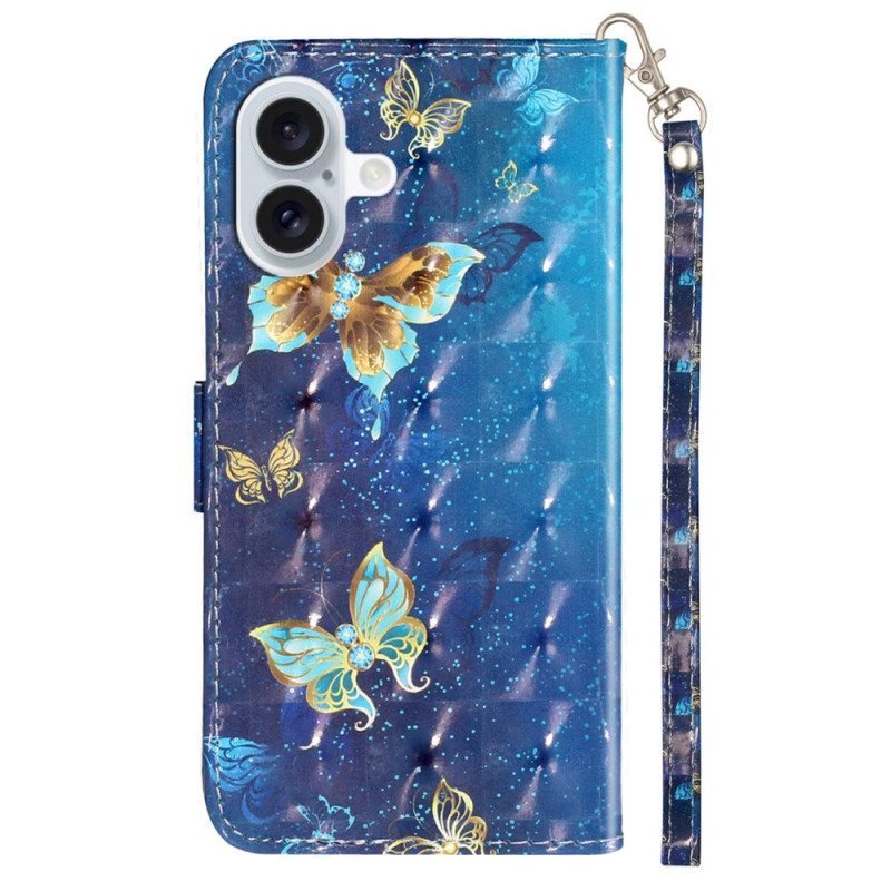 Folio-hoesje iPhone 16 Plus Blauwgouden Vlinders Met Riem