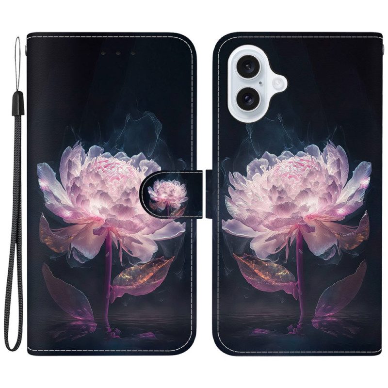 Folio-hoesje iPhone 16 Plus Paarse Pioenroos Met Bandje