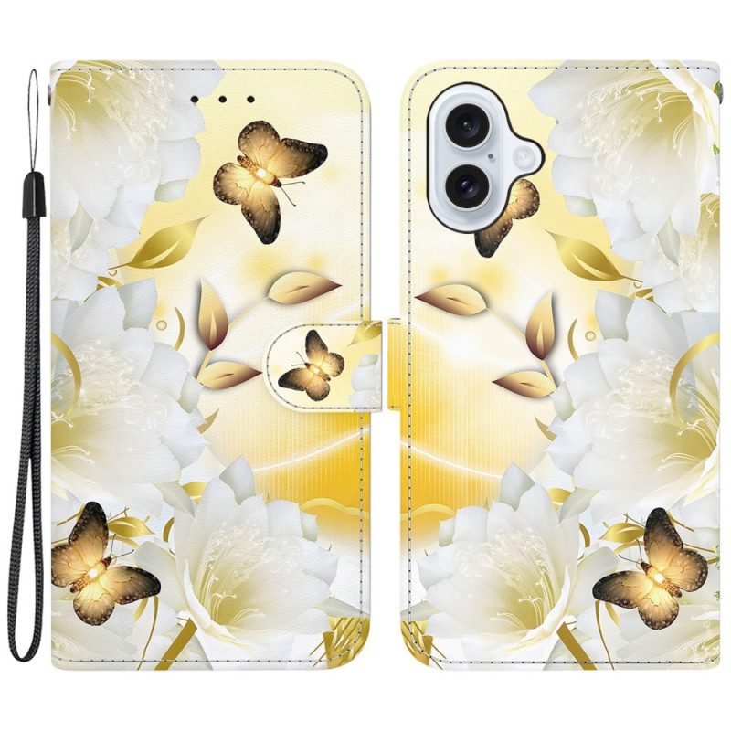 Folio-hoesje iPhone 16 Plus Telefoonhoesje Gouden Vlinders En Witte Bloemen Met Riempje