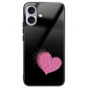 Hoesje iPhone 16 Plus Roze Hart Gehard Glas Bescherming Hoesje