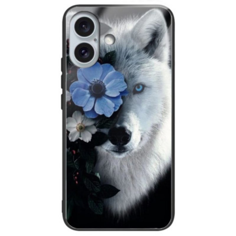 Hoesje iPhone 16 Plus Wolf En Blauwe Bloem Gehard Glas