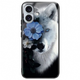 Hoesje iPhone 16 Plus Wolf En Blauwe Bloem Gehard Glas