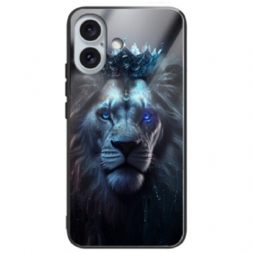 Hoesje Voor iPhone 16 Plus Blauwe Leeuw Gehard Glas