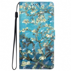 Leren Hoesje iPhone 16 Plus Abrikozenbloemen Met Riempje Bescherming Hoesje