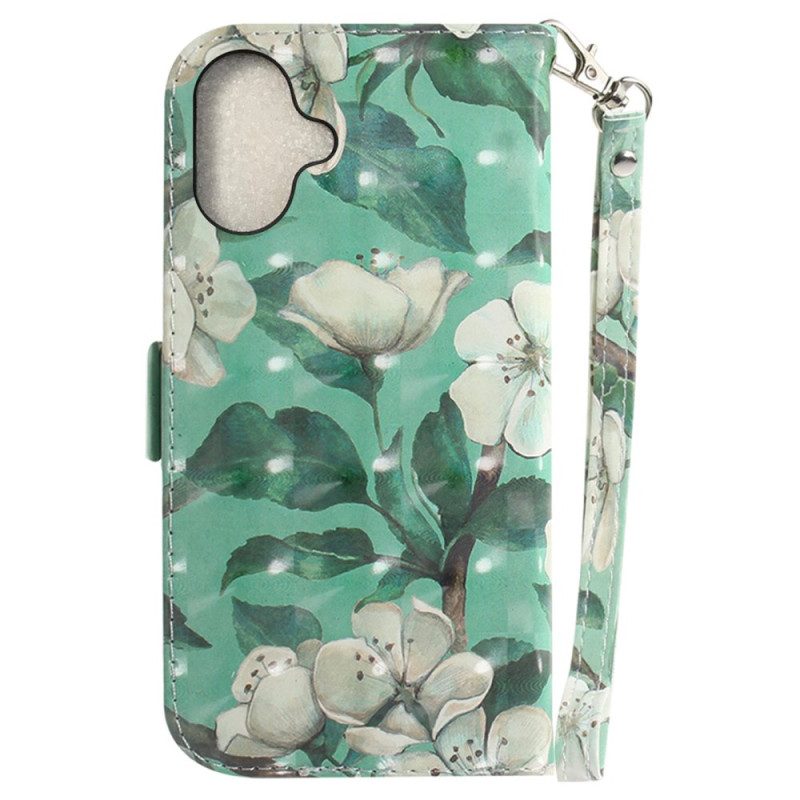 Leren Hoesje iPhone 16 Plus Aquarelbloemen Met Riempje Bescherming Hoesje