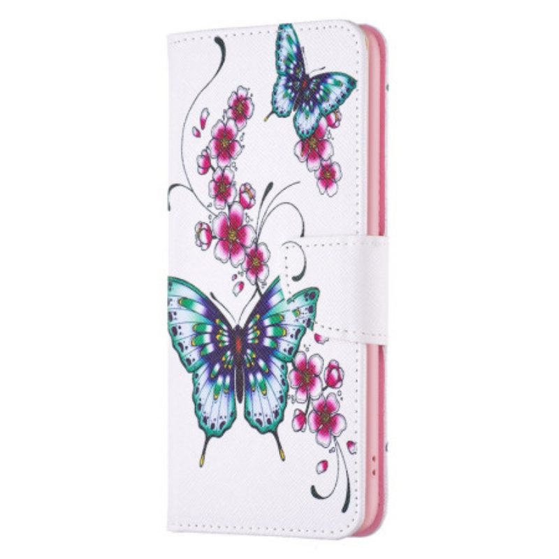 Leren Hoesje iPhone 16 Plus Bloemen En Vlinders Bescherming Hoesje