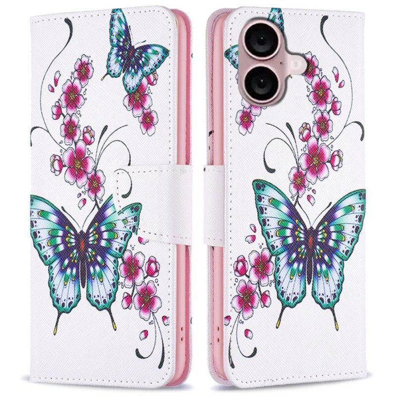 Leren Hoesje iPhone 16 Plus Bloemen En Vlinders Bescherming Hoesje