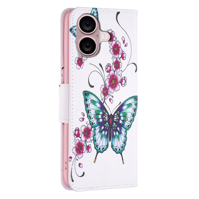 Leren Hoesje iPhone 16 Plus Bloemen En Vlinders Bescherming Hoesje