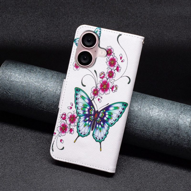 Leren Hoesje iPhone 16 Plus Bloemen En Vlinders Bescherming Hoesje