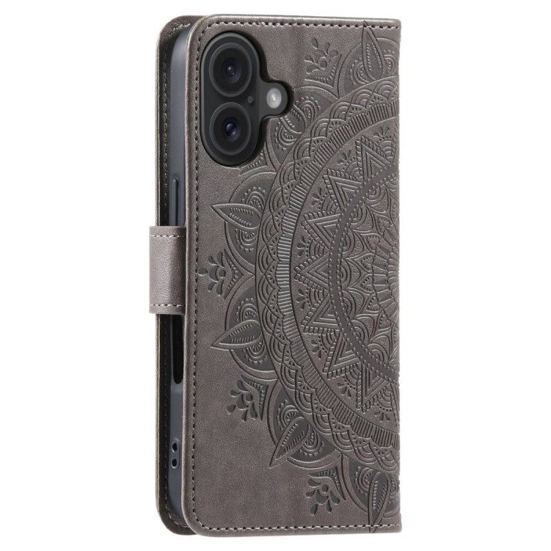 Leren Hoesje iPhone 16 Plus Mandala-zon Bescherming Hoesje