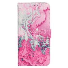 Leren Hoesje iPhone 16 Plus Marineroze Marmer Bescherming Hoesje