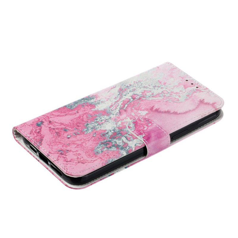 Leren Hoesje iPhone 16 Plus Marineroze Marmer Bescherming Hoesje