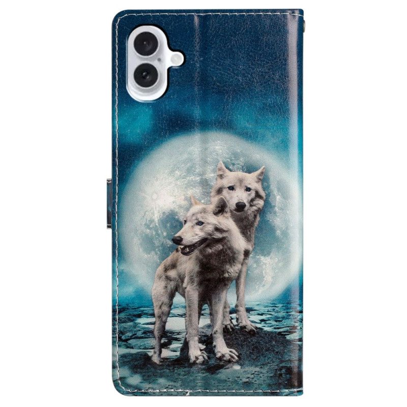 Leren Hoesje iPhone 16 Plus Paar Wolven Met Riemen