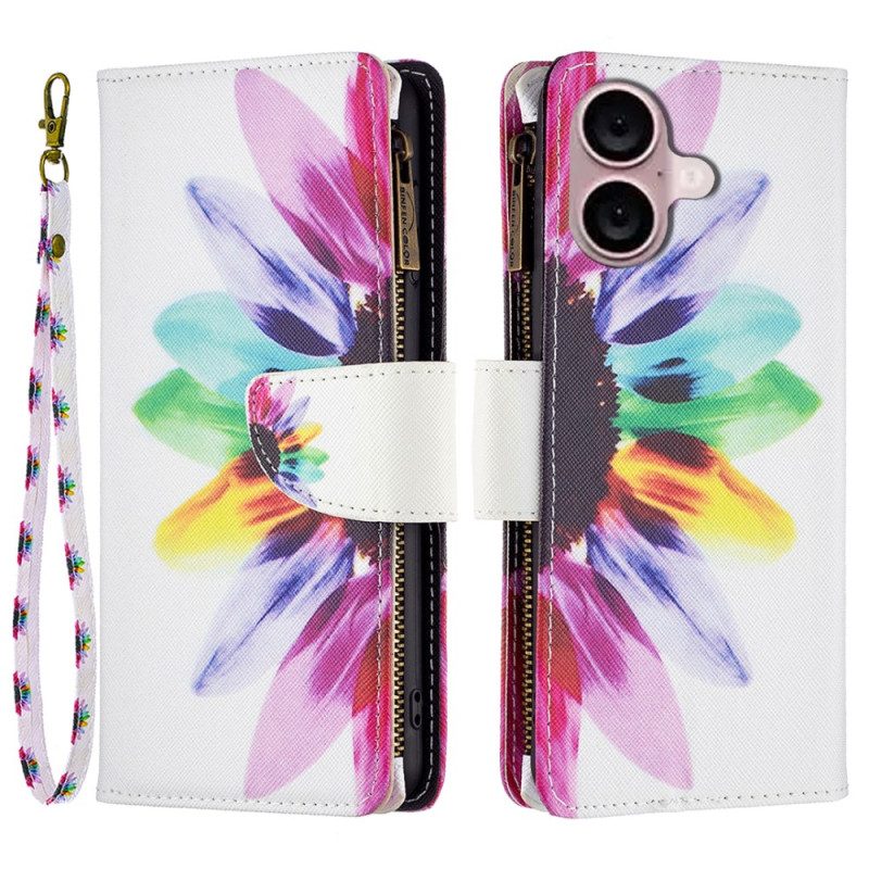 Leren Hoesje iPhone 16 Plus Portemonnee Met Aquarelbloemen En Riem Bescherming Hoesje