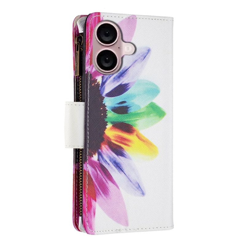 Leren Hoesje iPhone 16 Plus Portemonnee Met Aquarelbloemen En Riem Bescherming Hoesje