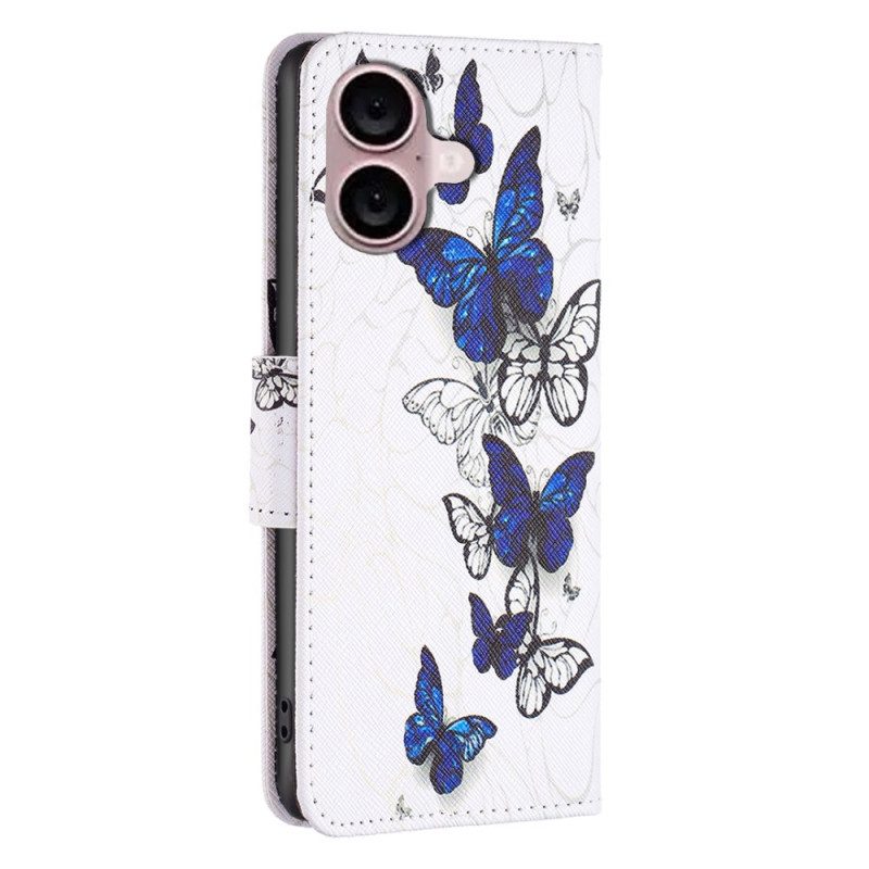 Leren Hoesje iPhone 16 Plus Portemonnee Met Vlinderprint