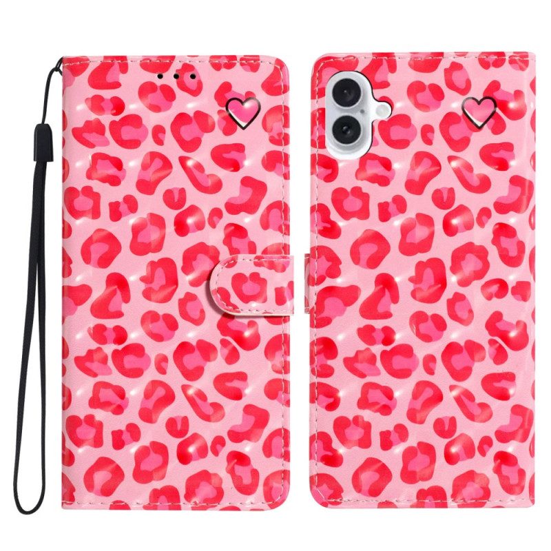 Leren Hoesje iPhone 16 Plus Roze Luipaardprint Met Riempje