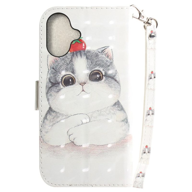 Leren Hoesje iPhone 16 Plus Schattige Kat Met Riem Bescherming Hoesje