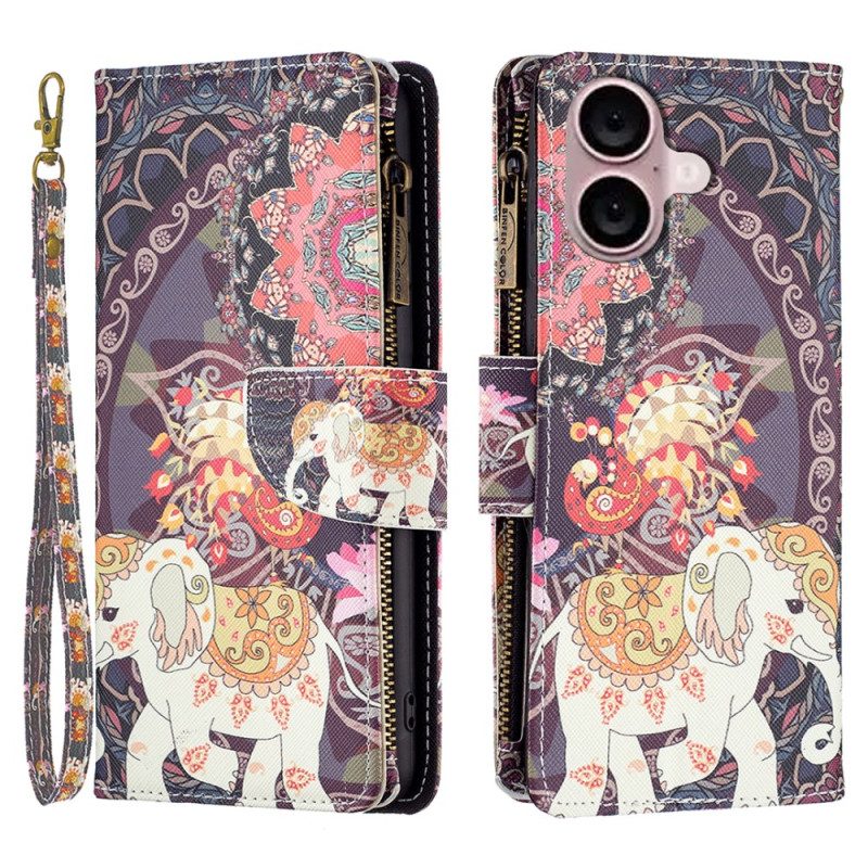 Leren Hoesje iPhone 16 Plus Tribal Olifant Portemonnee Met Riem Bescherming Hoesje