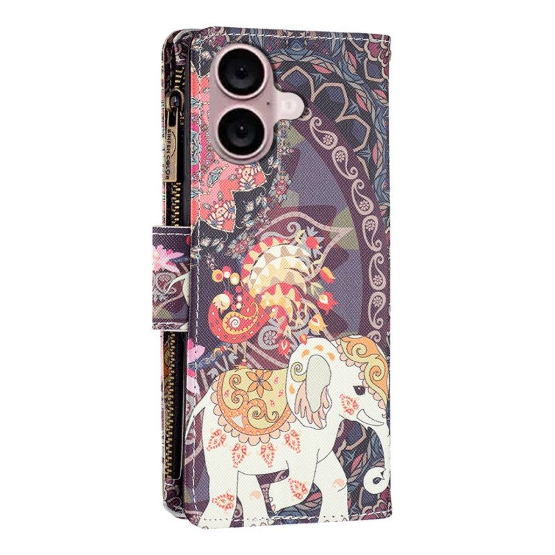 Leren Hoesje iPhone 16 Plus Tribal Olifant Portemonnee Met Riem Bescherming Hoesje