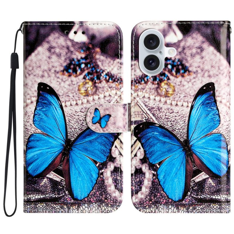 Leren Hoesje Voor iPhone 16 Plus Blauwe Vlinder Met Riem