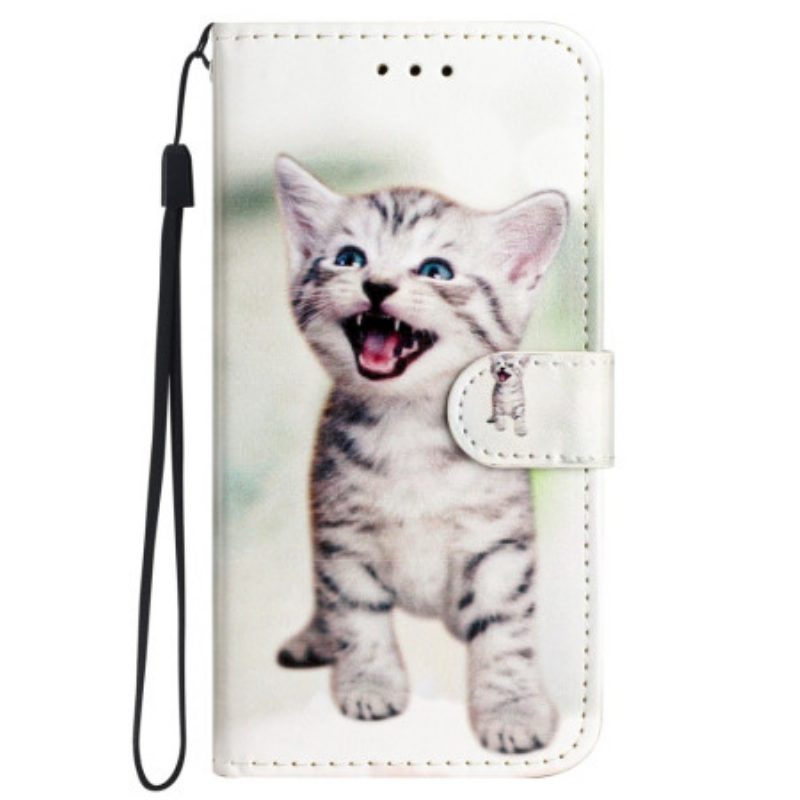 Leren Hoesje Voor iPhone 16 Plus Kleine Kat Met Riem