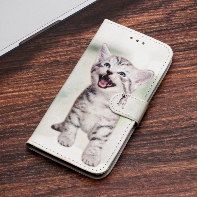 Leren Hoesje Voor iPhone 16 Plus Kleine Kat Met Riem