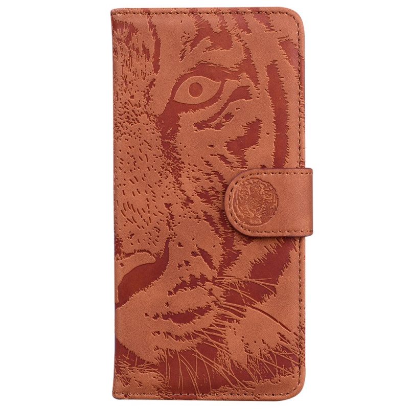 Leren Hoesje Voor iPhone 16 Plus Tijgervoetafdruk