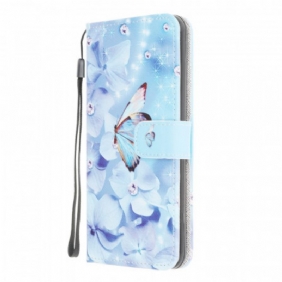 Folio-hoesje voor Samsung Galaxy M32 Met Ketting Strappy Diamanten Vlinders