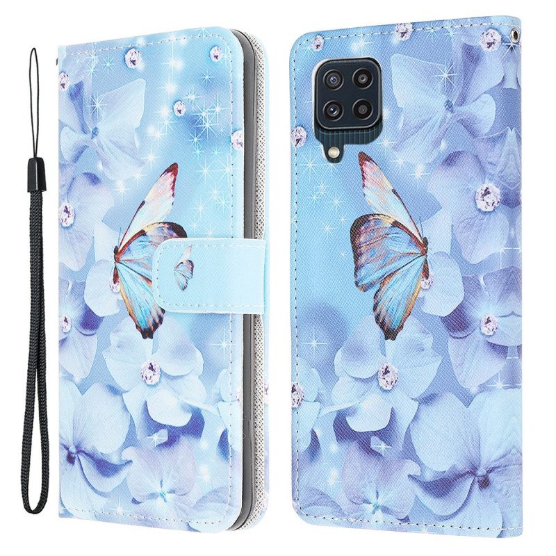 Folio-hoesje voor Samsung Galaxy M32 Met Ketting Strappy Diamanten Vlinders