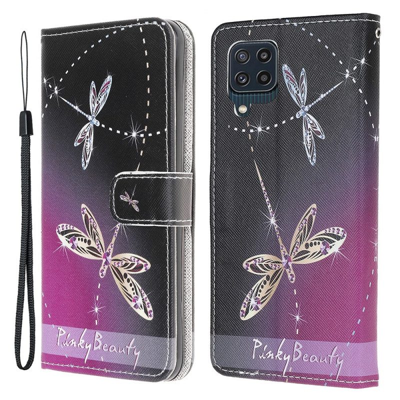 Folio-hoesje voor Samsung Galaxy M32 Met Ketting Strappy Libellen