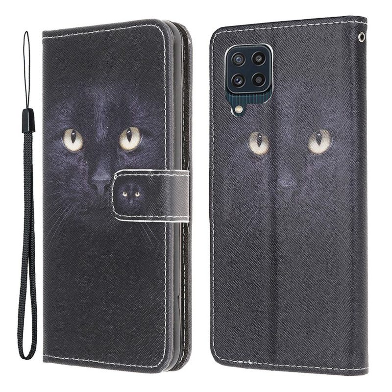 Folio-hoesje voor Samsung Galaxy M32 Met Ketting Strappy Zwarte Kattenogen