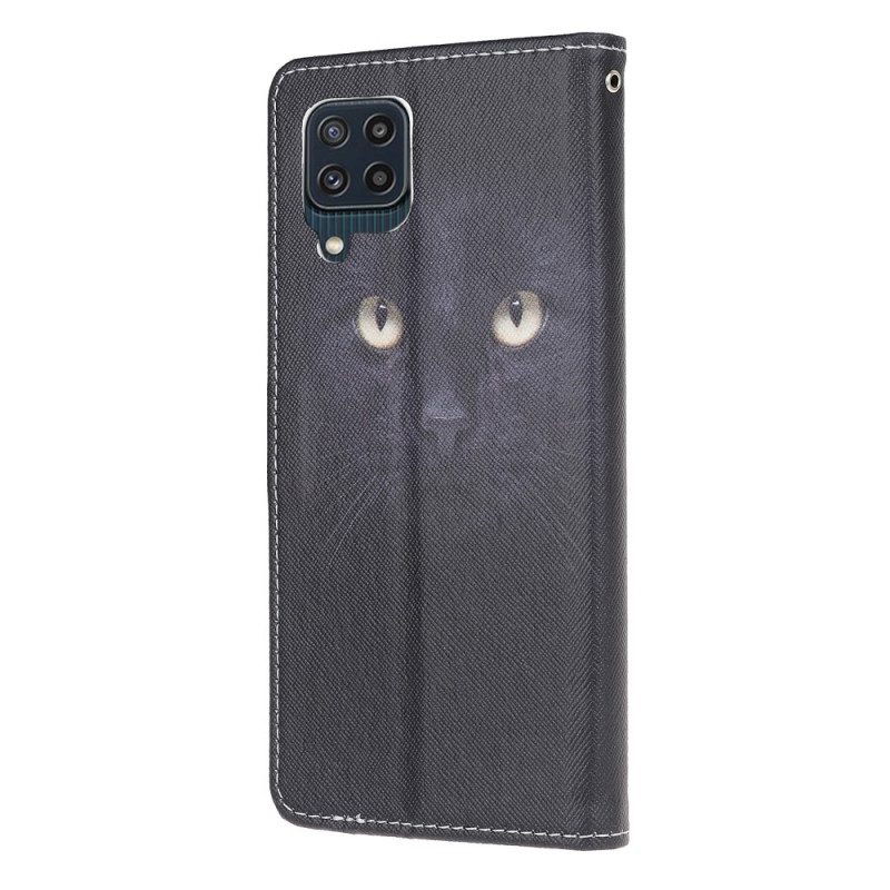 Folio-hoesje voor Samsung Galaxy M32 Met Ketting Strappy Zwarte Kattenogen