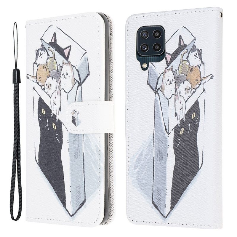 Leren Hoesje voor Samsung Galaxy M32 Met Ketting Levering Katten Met Strings