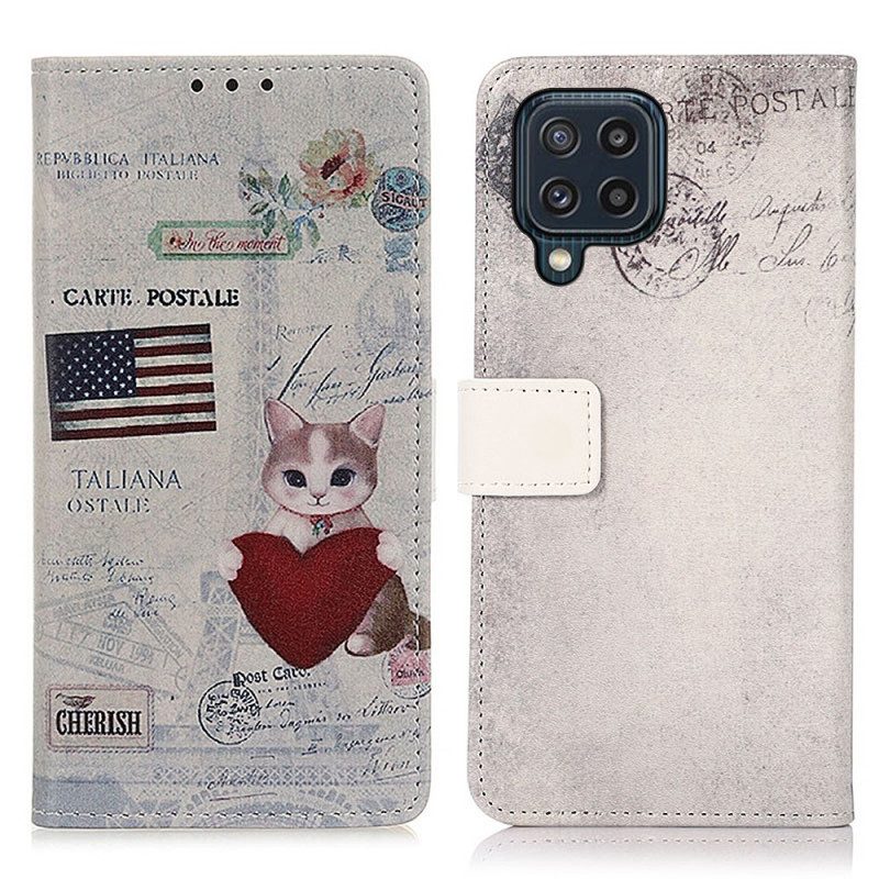 Leren Hoesje voor Samsung Galaxy M32 Reiziger Kat