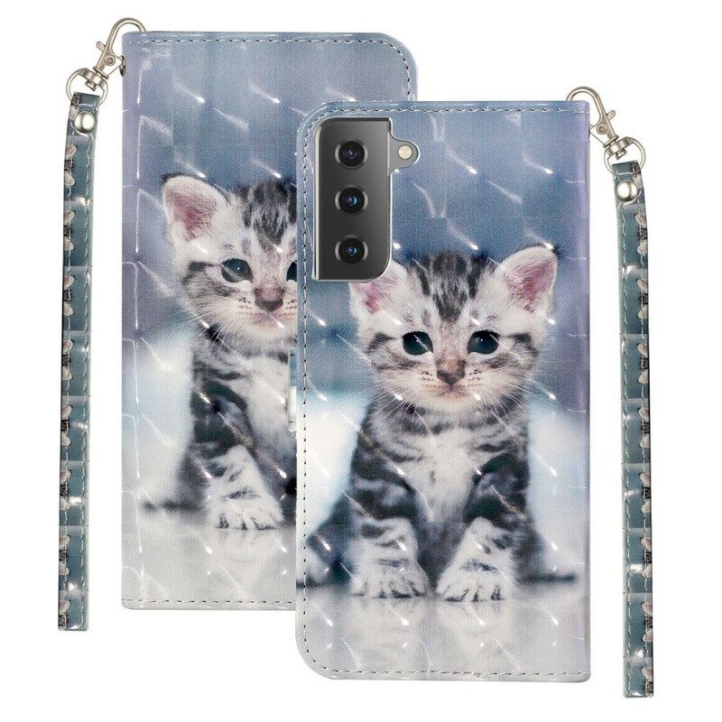 Flip Case voor Samsung Galaxy S21 Plus 5G Met Ketting Kitten Light Spots Met Riem