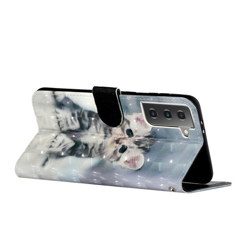 Flip Case voor Samsung Galaxy S21 Plus 5G Met Ketting Kitten Light Spots Met Riem