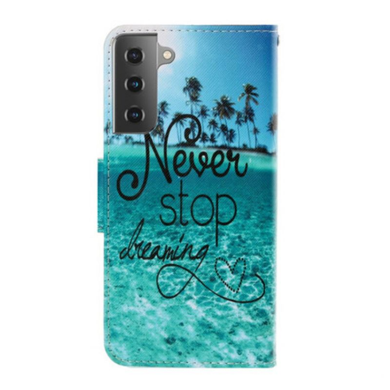 Folio-hoesje voor Samsung Galaxy S21 Plus 5G Met Ketting Stop Nooit Met Dromen In Marineblauwe Bandjes